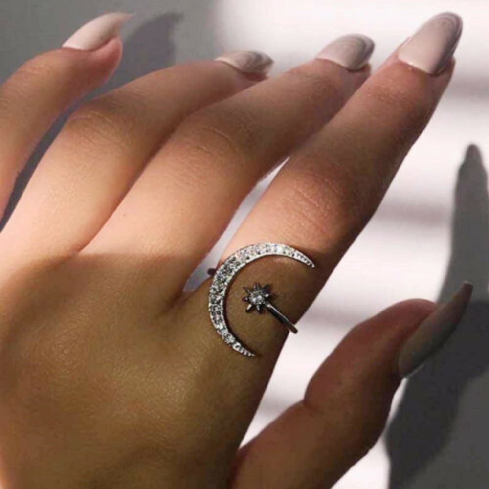 Real Sterling Silver Moon Star Diamond Ring - Picture 4 of 4